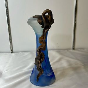 Handmade Blown Glass Vase Bulb Aqua Blue 3D Metal  Engraved